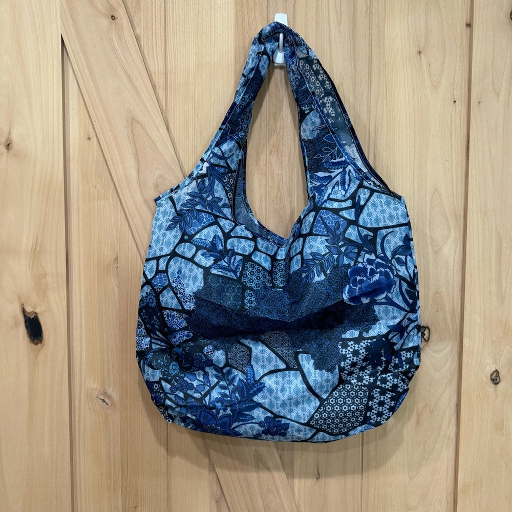 Johnny Was Reusable Nylon Shopping Tote Blue Floral Patchwork - Picture 2 of 13
